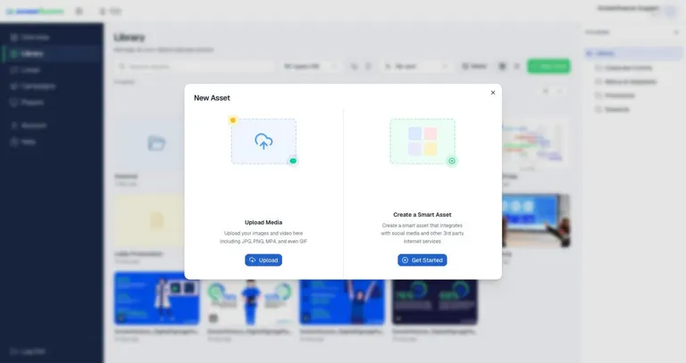 The New Asset window — Upload Media and Smart Asset
