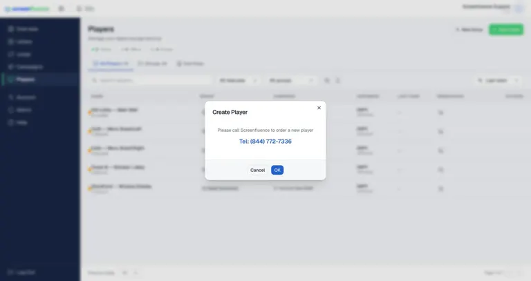 The Create Player window — call Screenfluence to order