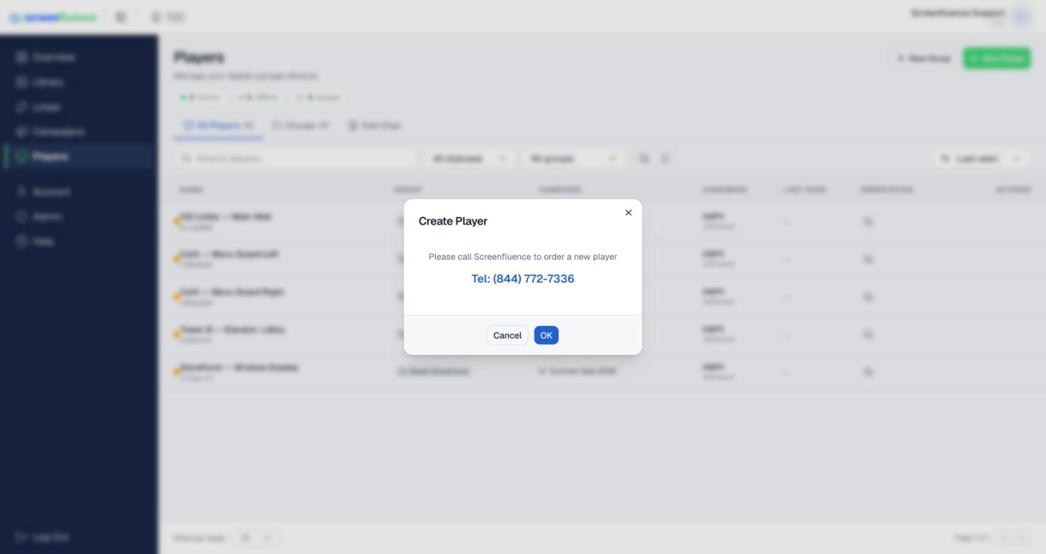The Create Player window — call Screenfluence to order