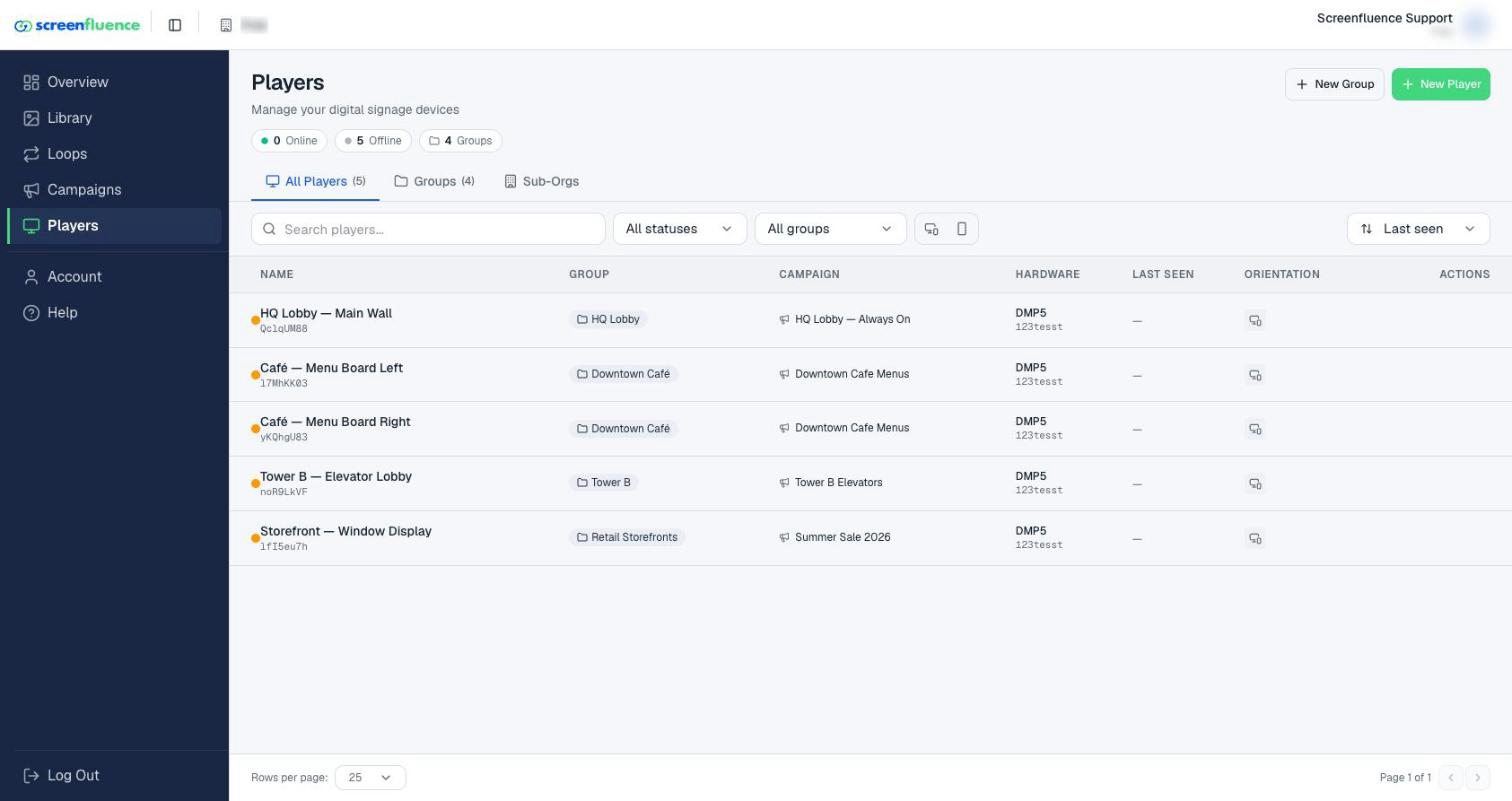 The Players page with status dots and Last Seen