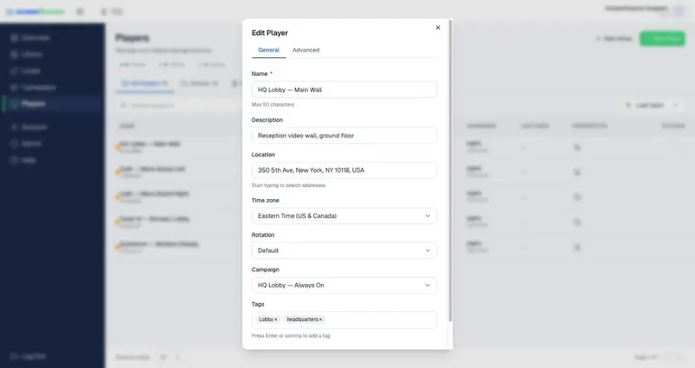 The Edit Player window — pick the campaign in the General tab
