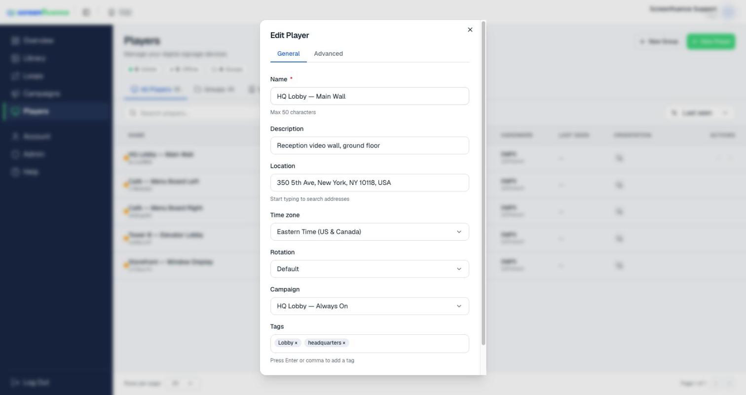 The Edit Player window — pick the campaign in the General tab
