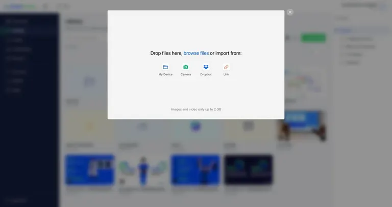 The upload window — drag files in or browse