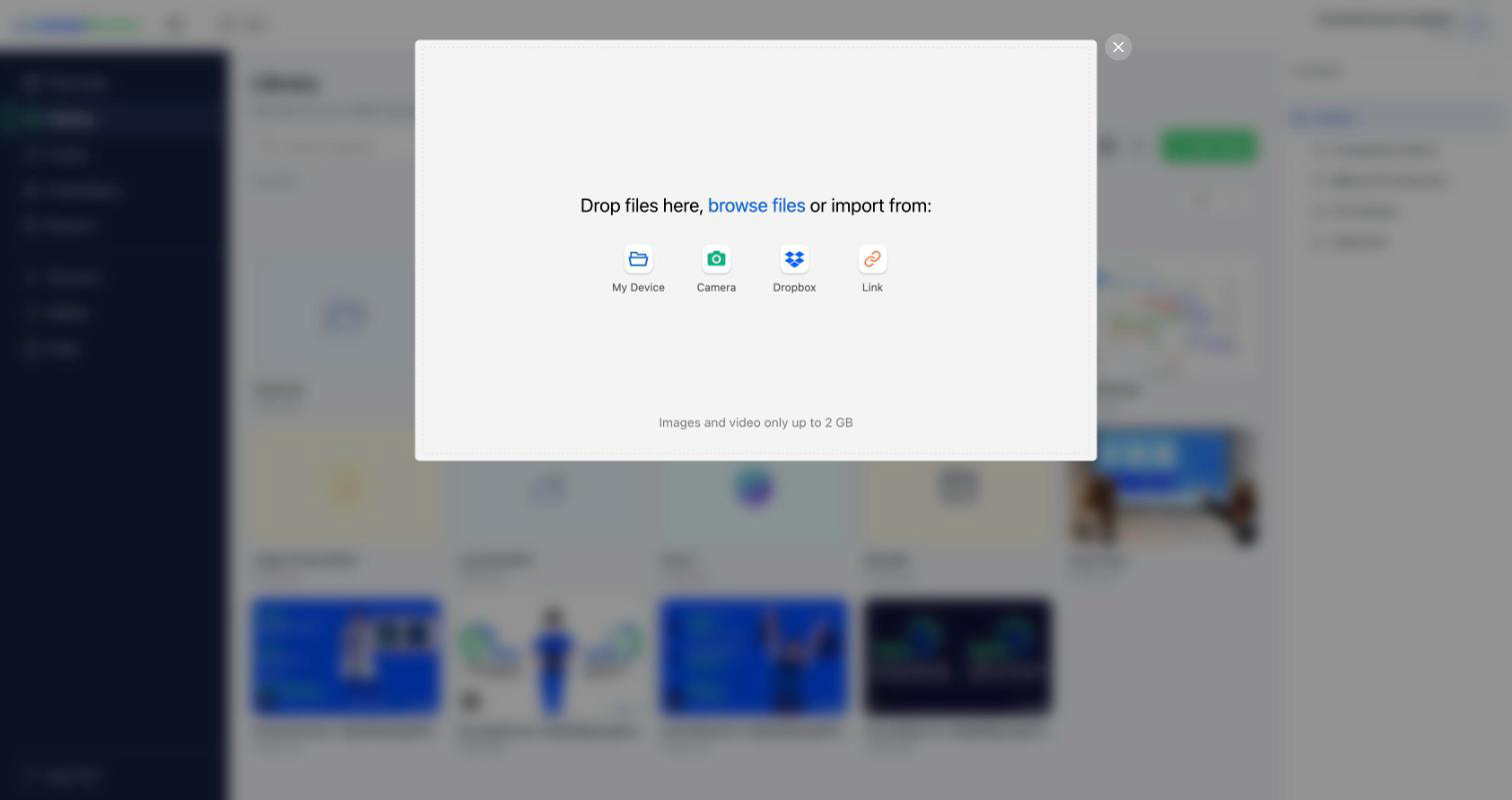 The upload window — drag files in or browse